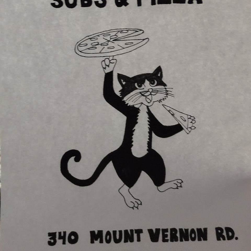 Alley Cat Subs & Pizza logo featuring a cartoon cat balancing a pizza on its paw.