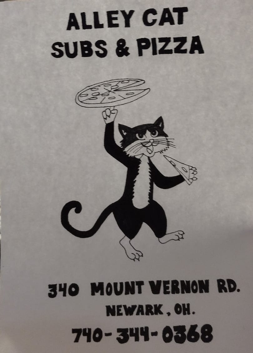 Alley Cat Subs & Pizza logo featuring a cartoon cat balancing a pizza on its paw.