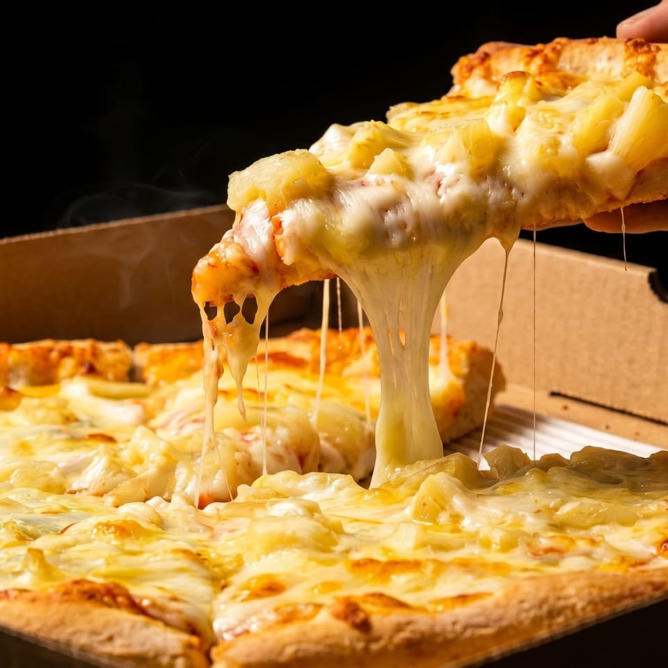 Hand lifting a slice of hot pineapple pizza from a box, with cheese stretching.