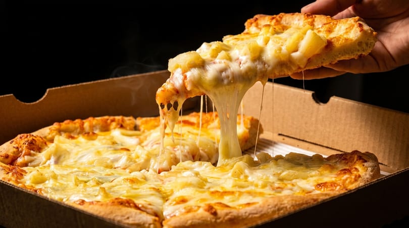 Hand lifting a slice of hot pineapple pizza from a box, with cheese stretching.