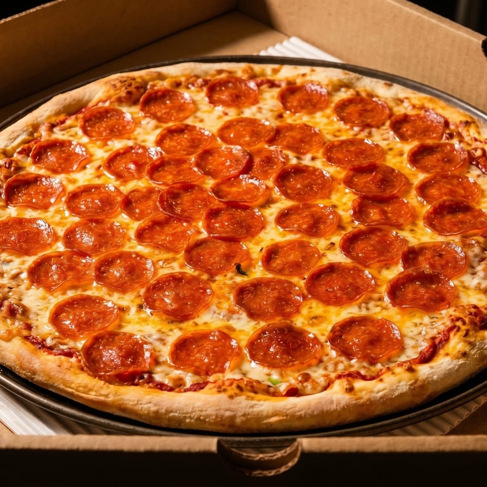 A large, hot pepperoni pizza in a cardboard delivery box, ready to be served.