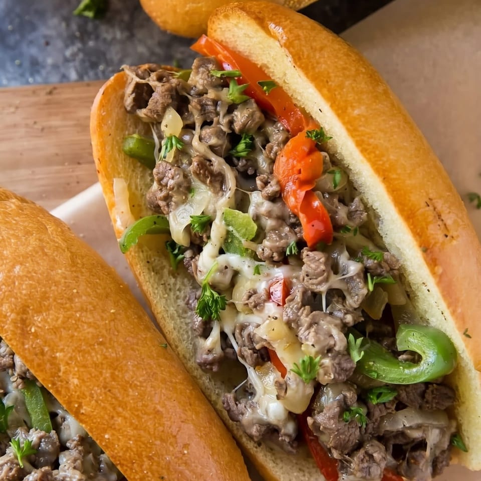 Two delicious Philly cheesesteak sandwiches with steak, melted cheese, peppers, and onions.